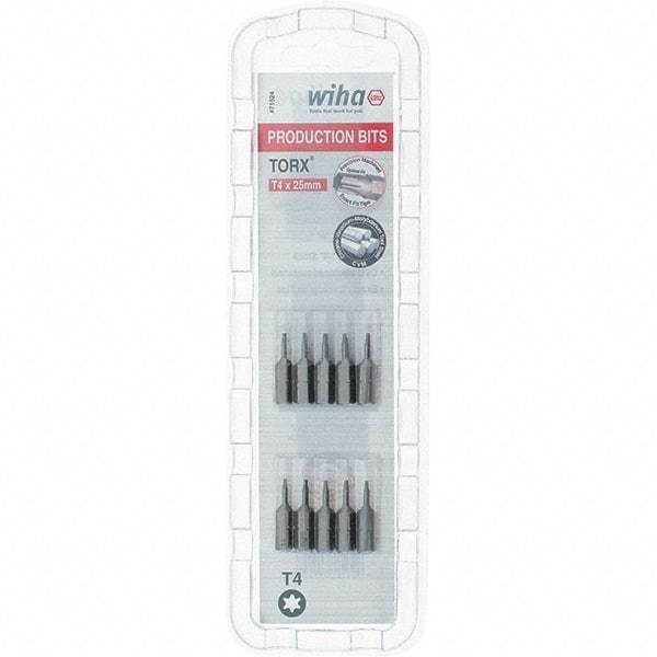 Wiha - 1/4" Drive T4 Torx Screwdriver Bit - 1" OAL, Insert Bit - USA Tool & Supply
