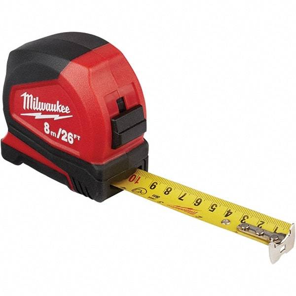 Milwaukee Tool - 26' x 1" Yellow Steel Blade Tape Measure - 1/16", 1mm & 1 cm Graduation, Inch/Metric Graduation Style, Red/Black ABS Plastic Case - USA Tool & Supply