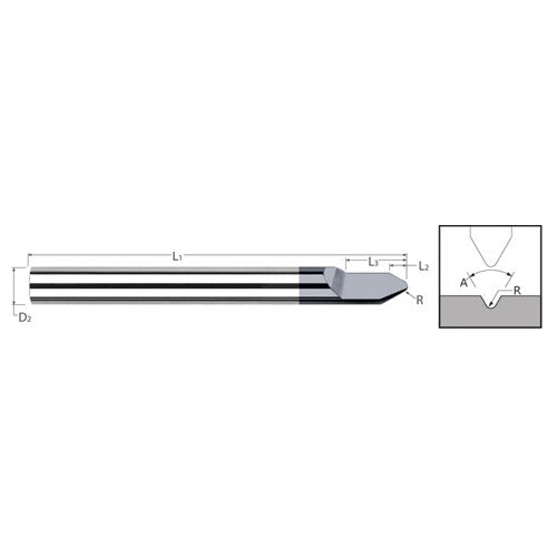 Engraving Cutters - 0.1250″ (1/8″) Shank Diameter × 0.0050″ Radius × 60° included Carbide Radius Engraver, 1 Flute, Amorphous Diamond Coated - Exact Industrial Supply