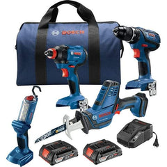 Bosch - 13 Piece 18 Volt Cordless Tool Combination Kit - Includes 1/2" Compact Drill/Driver, Impact Driver, Compact Reciprocating Saw & Work Light, Lithium-Ion Battery Included - USA Tool & Supply