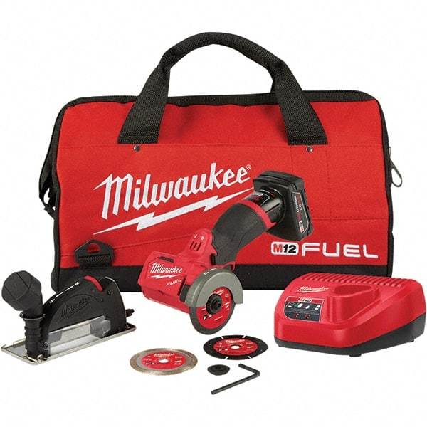 Milwaukee Tool - 3" Wheel Diam, 20,000 RPM, Cordless Cutoff & Cutoff-Grinder Tool - Trigger Handle, 12 Volt, Battery Included - USA Tool & Supply