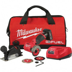 Milwaukee Tool - 3" Wheel Diam, 20,000 RPM, Cordless Cutoff & Cutoff-Grinder Tool - Trigger Handle, 12 Volt, Battery Included - USA Tool & Supply