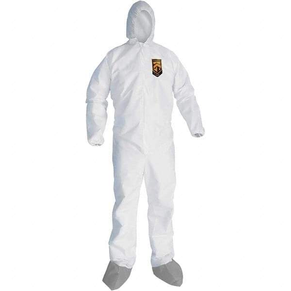 KleenGuard - Size L Microporous Film Laminate General Purpose Coveralls - White, Zipper Closure, Elastic Cuffs, with Boots, Serged Seams - USA Tool & Supply