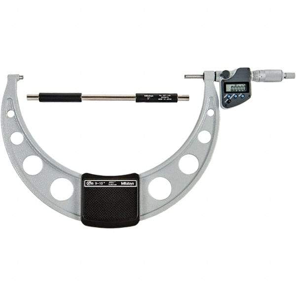 Mitutoyo - 9 to 10" Range, 0.00005" Resolution, Standard Throat IP65 Electronic Outside Micrometer - 0.0002" Accuracy, Ratchet Stop Thimble, Carbide-Tipped Face, SR44 Battery - USA Tool & Supply