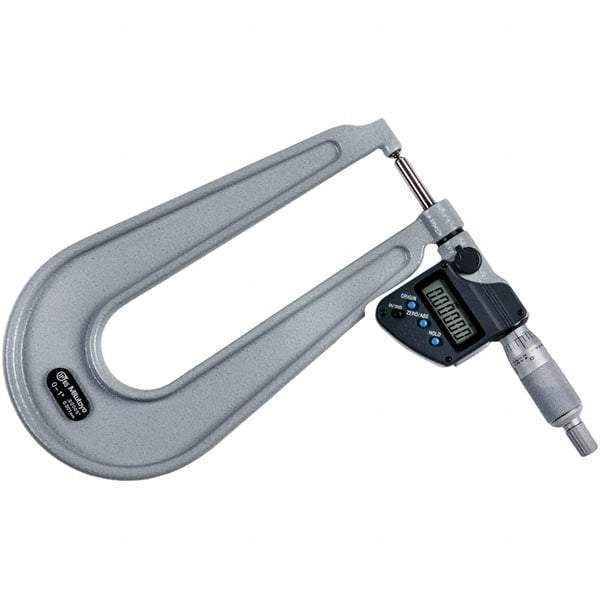 Mitutoyo - 0 to 1" Range, 0.00005" Resolution, Deep Throat IP65 Electronic Outside Micrometer - 0.0002" Accuracy, Ratchet Stop Thimble, Carbide-Tipped Face, SR44 Battery - USA Tool & Supply