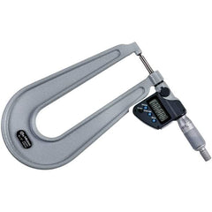 Mitutoyo - 0 to 1" Range, 0.00005" Resolution, Deep Throat IP65 Electronic Outside Micrometer - 0.0002" Accuracy, Ratchet Stop Thimble, Carbide-Tipped Face, SR44 Battery - USA Tool & Supply