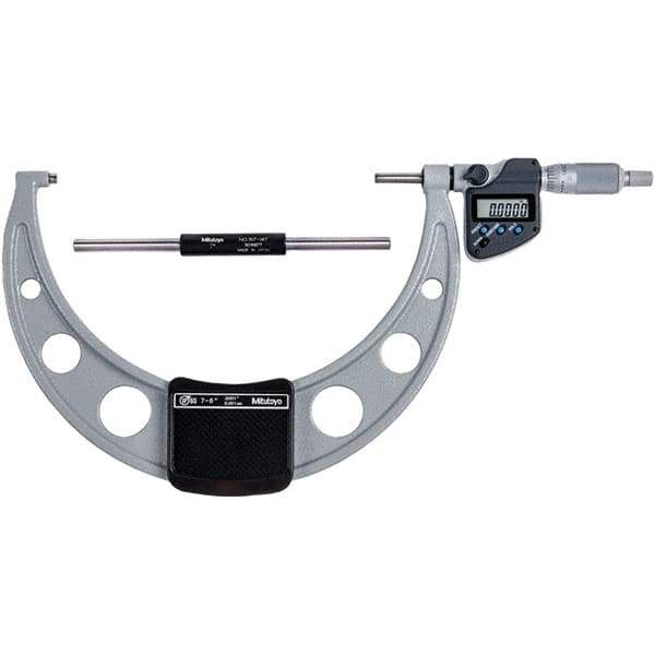 Mitutoyo - 7 to 8" Range, 0.0001" Resolution, Standard Throat IP65 Electronic Outside Micrometer - 0.00015" Accuracy, Ratchet Stop Thimble, Carbide-Tipped Face, SR44 Battery - USA Tool & Supply