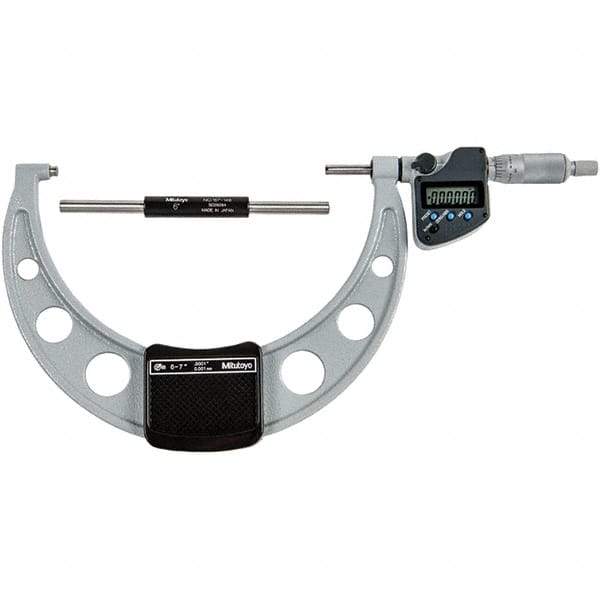 Mitutoyo - 6 to 7" Range, 0.0001" Resolution, Standard Throat IP65 Electronic Outside Micrometer - 0.00015" Accuracy, Ratchet Stop Thimble, Carbide-Tipped Face, SR44 Battery - USA Tool & Supply