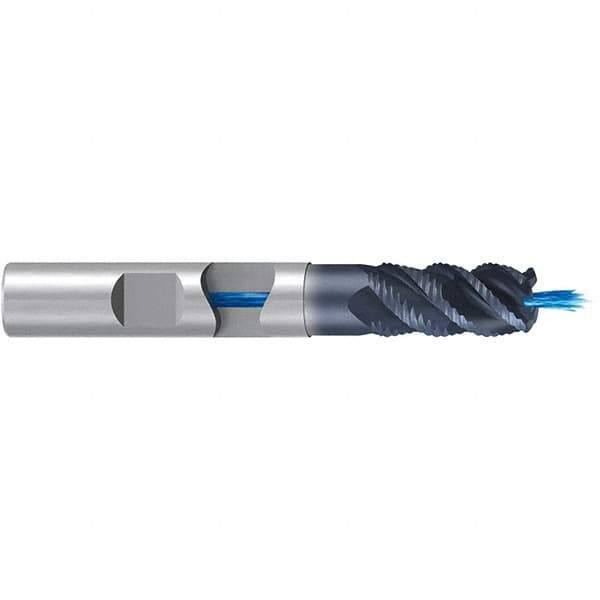 Emuge - 12mm Diam, 26mm LOC, 4 Flute Solid Carbide Roughing & Finishing End Mill - TiAlN Finish, 83mm OAL, 12mm Shank Diam, Weldon Shank, 45° Helix, Long Length - USA Tool & Supply