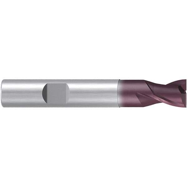 Emuge - 10mm Diam, 11mm LOC, 2 Flute Solid Carbide Roughing & Finishing End Mill - TiAlN Finish, 66mm OAL, 10mm Shank Diam, Weldon Shank, 38° Helix, Centercutting, Stub Length - USA Tool & Supply