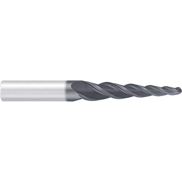 Emuge - 4° Taper Angle per Side, 2mm Small End Diam, 87mm LOC, Solid Carbide 3 Flute Tapered Ball End Mill - AlCr Finish, 150mm OAL, 16mm Shank Diam, Spiral Flute, 36° Helix - USA Tool & Supply
