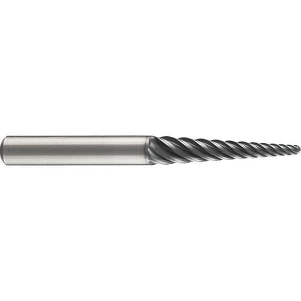 Emuge - 4° Taper Angle per Side, 3mm Small End Diam, 74mm LOC, Solid Carbide 6 Flute Tapered Ball End Mill - AlCr Finish, 140mm OAL, 16mm Shank Diam, Spiral Flute, 38° Helix - USA Tool & Supply