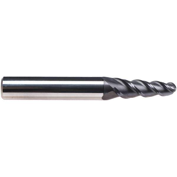 Emuge - 4° Taper Angle per Side, 7.34mm Small End Diam, 25mm LOC, Solid Carbide 3 Flute Tapered Ball End Mill - TiAlN Finish, 72mm OAL, 10mm Shank Diam, Spiral Flute, 45° Helix - USA Tool & Supply