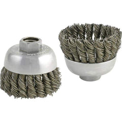 Brush Research Mfg. - 2-3/4" Diam, 5/8-11 Threaded Arbor, Carbon Steel Fill Cup Brush - 0.02 Wire Diam, 1" Trim Length, 6,600 Max RPM - USA Tool & Supply