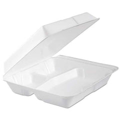 DART - Foam Hinged Lid Container, 3-Comp, 9.3 x 9 1/2 x 3, White, 100/Bag, 2 Bag/Carton - USA Tool & Supply