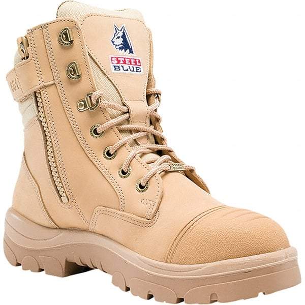 Steel Blue - Men's Size 8 Medium Width Steel Work Boot - Sand, Leather Upper, TPU Outsole, 6" High, Lace-Up, Side Zip - USA Tool & Supply