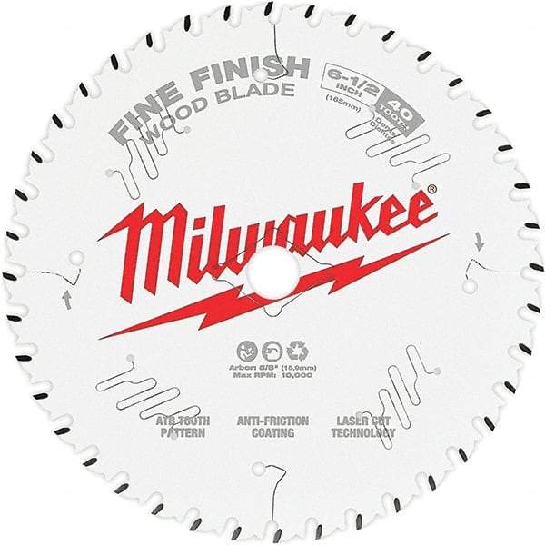 Milwaukee Tool - 6-1/2" Diam, 5/8" Arbor Hole Diam, 40 Tooth Wet & Dry Cut Saw Blade - Tungsten Carbide-Tipped, Fine Finish Action, Standard Round Arbor - USA Tool & Supply