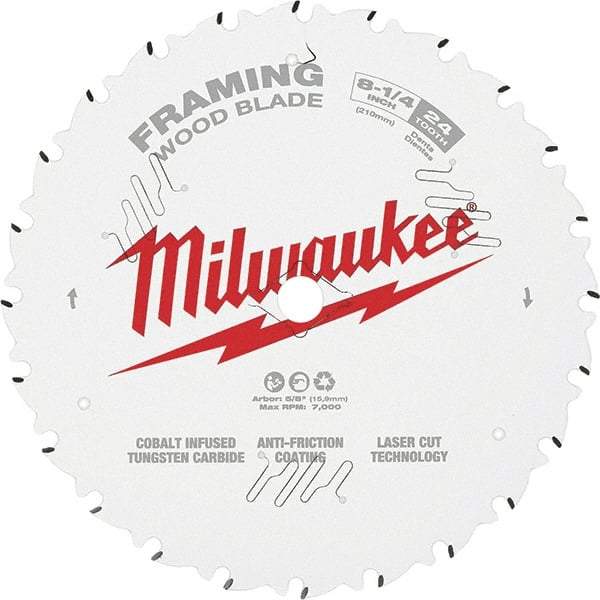 Milwaukee Tool - 8-1/4" Diam, 5/8" Arbor Hole Diam, 24 Tooth Wet & Dry Cut Saw Blade - Tungsten Carbide-Tipped, Framing Action, Standard Round Arbor - USA Tool & Supply