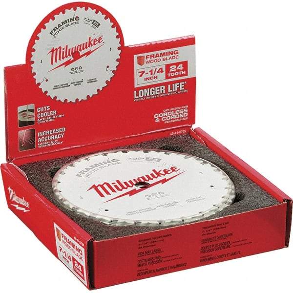 Milwaukee Tool - 7-1/4" Diam, 5/8" Arbor Hole Diam, 24 Tooth Wet & Dry Cut Saw Blade - Tungsten Carbide-Tipped, Framing Action, Standard Round Arbor - USA Tool & Supply