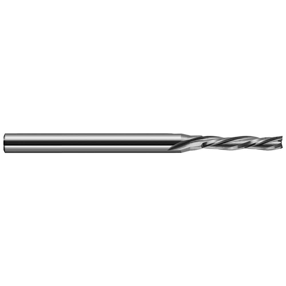 Square End Mill: 3/16'' Dia, 1'' LOC, 3/16'' Shank Dia, 3'' OAL, 3 Flutes, Solid Carbide Single End, Uncoated, Downcut Flute, 22 ° Helix, Centercutting, RH Cut, RH Flute