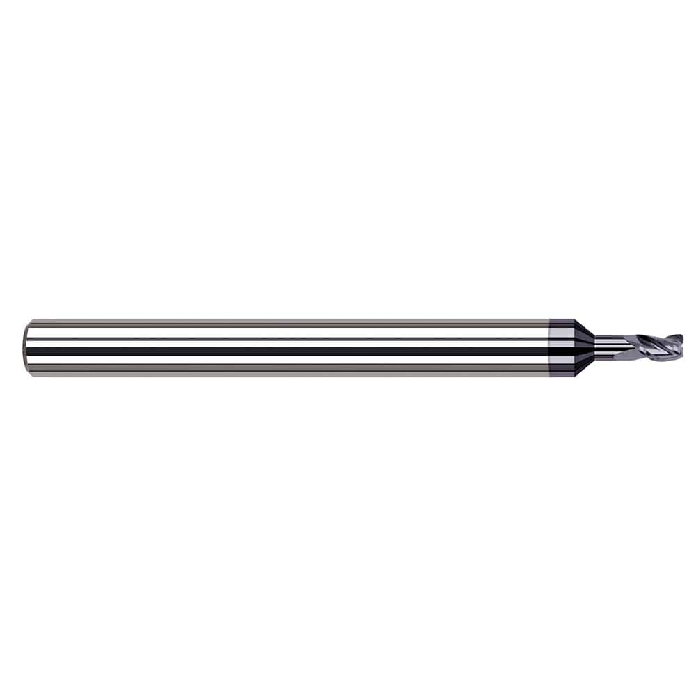 Corner Radius End Mill: 0.025″ Dia, 0.038″ LOC, 0.004″ Radius, 3 Flutes, Solid Carbide 1-1/2″ OAL, 1/8″ Shank Dia, 34 ° Helix, AlTiN Coated, Corner Radius End