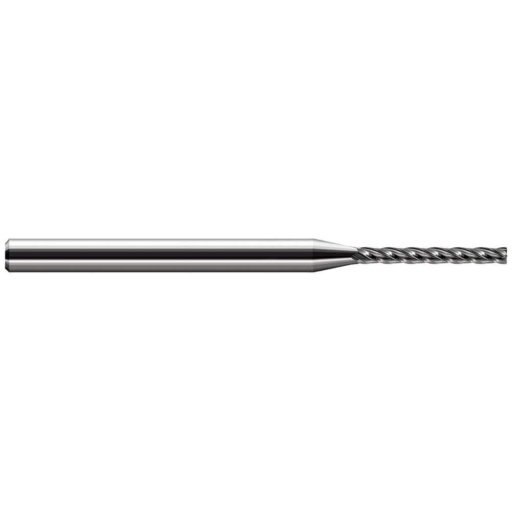 Corner Radius End Mill: 0.025″ Dia, 13/64″ LOC, 0.005″ Radius, 4 Flutes, Solid Carbide 2-1/2″ OAL, 1/8″ Shank Dia, 30 ° Helix, Bright/Uncoated, Corner Radius End