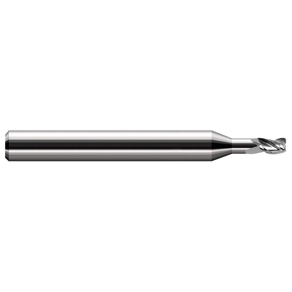 Corner Radius End Mill: 0.031″ Dia, 0.046″ LOC, 0.01″ Radius, 3 Flutes, Solid Carbide 2-1/2″ OAL, 1/8″ Shank Dia, 30 ° Helix, Bright/Uncoated, Corner Radius End