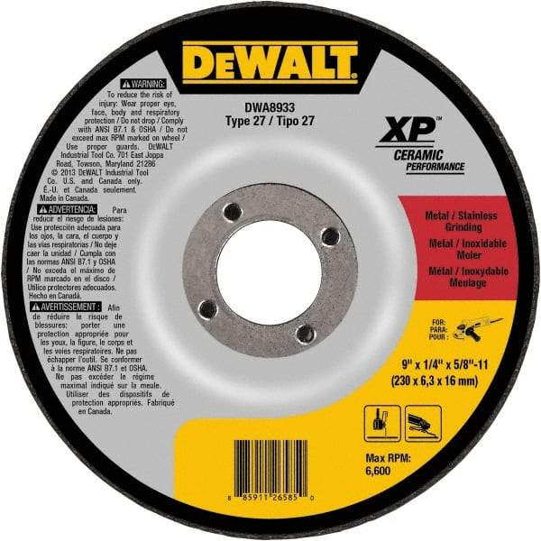DeWALT - 24 Grit, 9" Wheel Diam, Type 27 Depressed Center Wheel - Coarse/Medium Grade, Ceramic, N Hardness, 6,600 Max RPM - USA Tool & Supply