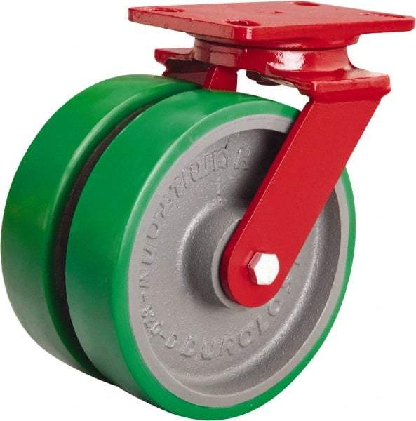 Hamilton - 8" Diam x 2" Wide x 9-3/4" OAH Top Plate Mount Swivel Caster - Polyurethane Mold onto Cast Iron Center, 3,000 Lb Capacity, Tapered Roller Bearing, 4-1/2 x 6-1/2" Plate - USA Tool & Supply
