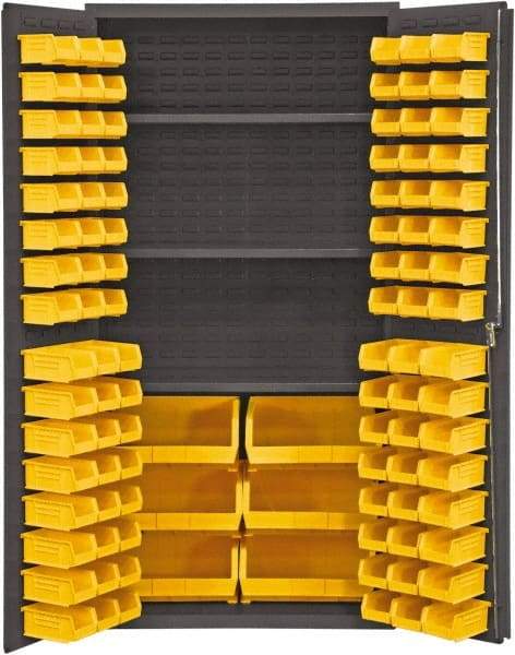 Durham - 3 Shelf 102 Bin Storage Cabinet - Steel, 36" Wide x 24" Deep x 72" High, Yellow - USA Tool & Supply