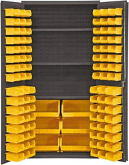 Durham - 3 Shelf 102 Bin Storage Cabinet - Steel, 36" Wide x 24" Deep x 72" High, Yellow - USA Tool & Supply