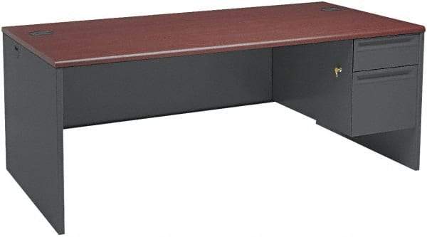 Hon - Steel-Reinforced High-Pressure Laminate/Metal Right Pedestal Desk - 72" Wide x 36" Deep x 29" High, Mahogany/Charcoal - USA Tool & Supply