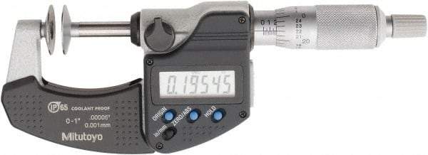 Mitutoyo - 0 to 1 Inch, Ratchet Stop Thimble, IP65 Water Resistance, Electronic Disc Micrometer - 0.0002 Inch Accuracy, 20mm Disc, 0.00005 Inch Resolution - USA Tool & Supply