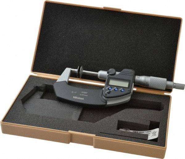 Mitutoyo - 0 to 1 Inch, Ratchet Stop Thimble, IP54 Water Resistance, Electronic Disc Micrometer - 0.0002 Inch Accuracy, 20mm Disc, 0.00005 Inch Resolution - USA Tool & Supply