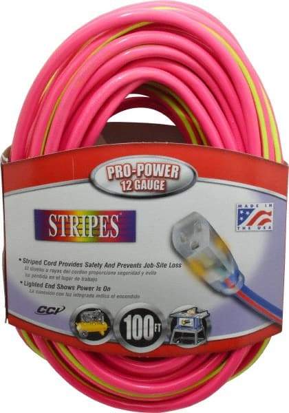 Southwire - 100', 12/3 Gauge/Conductors, Pink/Lime Green Outdoor Extension Cord - 1 Receptacle, 15 Amps, 125 VAC, UL SJTW, NEMA 5-15P, 5-15R - USA Tool & Supply