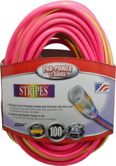 Southwire - 100', 12/3 Gauge/Conductors, Pink/Lime Green Outdoor Extension Cord - 1 Receptacle, 15 Amps, 125 VAC, UL SJTW, NEMA 5-15P, 5-15R - USA Tool & Supply