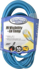 Southwire - 50', 14/3 Gauge/Conductors, Blue Outdoor Extension Cord - 1 Receptacle, 15 Amps, 125 VAC, UL SJTW, NEMA 5-15P, 5-15R - USA Tool & Supply