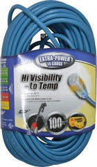 Southwire - 100', 14/3 Gauge/Conductors, Blue Outdoor Extension Cord - 1 Receptacle, 13 Amps, 125 VAC, UL SJTW, NEMA 5-15P, 5-15R - USA Tool & Supply