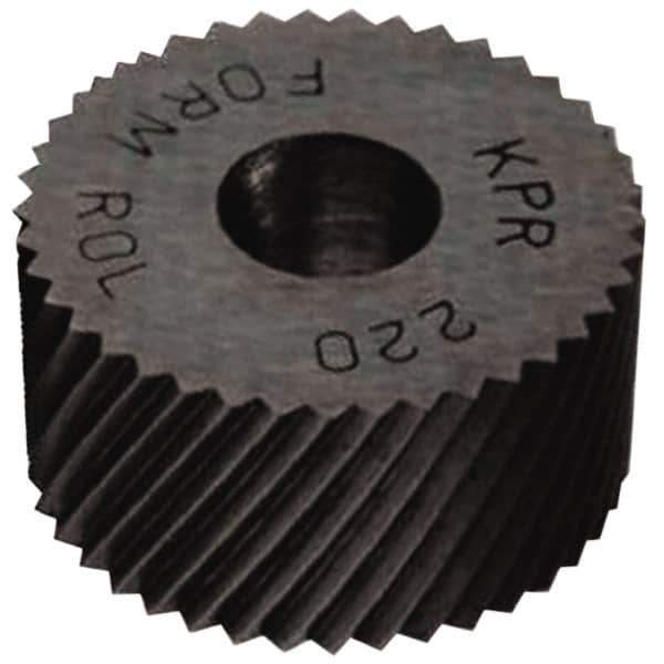 Made in USA - 5/8" Diam, 90° Tooth Angle, 16 TPI, Standard (Shape), Form Type Cobalt Right-Hand Diagonal Knurl Wheel - 1/4" Face Width, 1/4" Hole, Circular Pitch, 30° Helix, Bright Finish, Series GK - Exact Industrial Supply