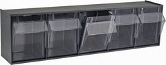 Quantum Storage - 23-5/8" Wide x 6-1/2" High x 5-1/4" Deep, Small Parts Tip Out Stacking Bin Organizer - Polystyrene Frame, 5 Compartments, 4-1/4" Wide x 5-3/4" High x 3-3/4" Deep Bin - USA Tool & Supply