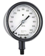 Weksler Instruments - 4-1/2" Dial, 1/4 Thread, 0-15 Scale Range, Pressure Gauge - Lower Connection, Rear Flange Connection Mount, Accurate to 1% of Scale - USA Tool & Supply