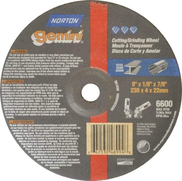 Norton - 24 Grit, 9" Wheel Diam, 1/8" Wheel Thickness, 7/8" Arbor Hole, Type 27 Depressed Center Wheel - Aluminum Oxide, 6,600 Max RPM, Compatible with Angle Grinder - USA Tool & Supply