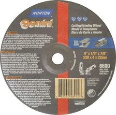Norton - 24 Grit, 9" Wheel Diam, 1/8" Wheel Thickness, 7/8" Arbor Hole, Type 27 Depressed Center Wheel - Aluminum Oxide, 6,600 Max RPM, Compatible with Angle Grinder - USA Tool & Supply