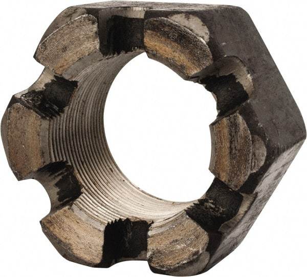 Value Collection - 2-12 UNF Grade 2 Steel Slotted Locknut - 3" Width Across Flats, 1-23/32" High, Uncoated - USA Tool & Supply