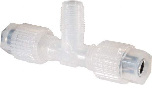 NewAge Industries - 1/4" Tube OD, PFA PTFE Plastic Compression Tube Male Branch Tee - 1/8 NPT Pipe, 500°F Max, 1/8 Thread - USA Tool & Supply