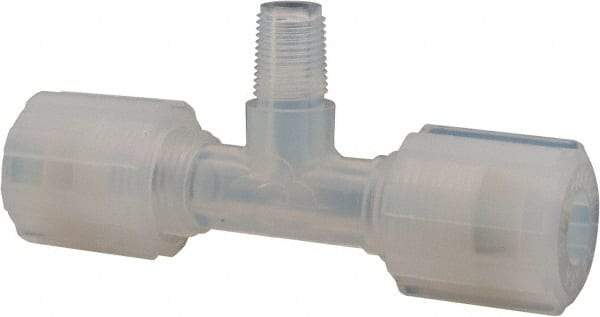 NewAge Industries - 1/4" Tube OD, PFA PTFE Plastic Compression Tube Male Branch Tee - 3/8 NPT Pipe, 500°F Max, 3/8 Thread - USA Tool & Supply