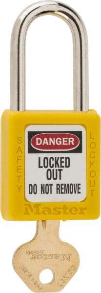 Master Lock - Keyed Different Nonconductive Lockout Padlock - 1-1/2" Shackle Clearance, 1/4" Shackle Diam, 1-3/4" Body Height x 1-1/2" Body Width, Yellow, 6 Pins - USA Tool & Supply