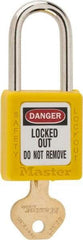 Master Lock - Keyed Different Nonconductive Lockout Padlock - 1-1/2" Shackle Clearance, 1/4" Shackle Diam, 1-3/4" Body Height x 1-1/2" Body Width, Yellow, 6 Pins - USA Tool & Supply