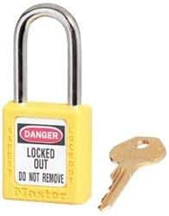 Master Lock - Keyed Alike Conductive Lockout Padlock - 1-1/2" Shackle Clearance, 1/4" Shackle Diam, 1-3/4" Body Height x 1-1/2" Body Width, Yellow, 6 Pins - USA Tool & Supply