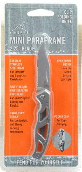 Gerber - 2-7/32" Blade, 6" OAL, Partially Serrated Folding Knife - 3.07" Closed Length, Stainless Steel, 1 Blade, 1 Edge, Pocket Clip - USA Tool & Supply